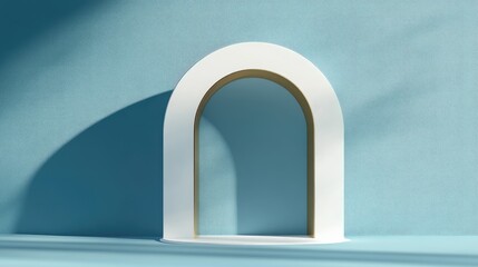 Leinwandbilder - White stand featuring a golden arch against a blue background with shadow 3D rendering