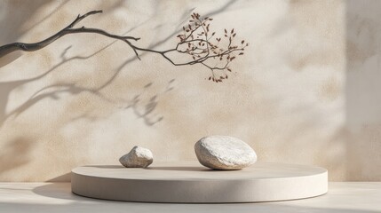 Poster - Podium display on a soft pastel stucco backdrop Abstract arrangement featuring a branch stone and shadow on the wall 3D render Template for exhibitions presentations and product branding in the he
