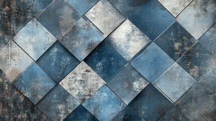 Aufkleber - Worn vintage patchwork mosaic tiles wallpaper featuring a textured background of stone and concrete with diamond shaped designs in shades of blue