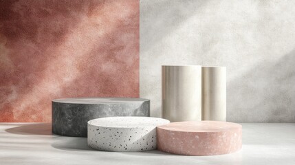 Poster - Abstract minimal background with concrete cylinder podiums Geometric design for showcasing cosmetic products Empty studio platform template in a 3D illustration
