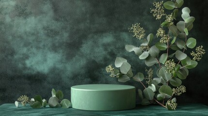 Poster - Portrait syngonium and eucalyptus leaf with a 3D rendered blank mockup of a green ceramic cylinder podium