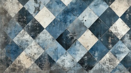 Aufkleber - Worn vintage patchwork mosaic tiles wallpaper featuring a textured background of stone and concrete with diamond shaped designs in shades of blue