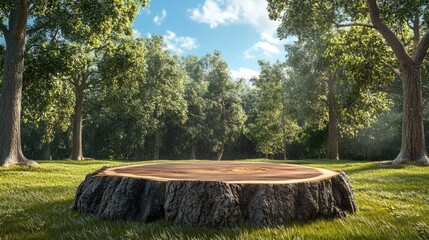 Fototapete - 3D render of an abstract stage podium featuring a log tree design set on grassy terrain surrounded by large trees and a clear blue sky ideal for product display and mock up presentations