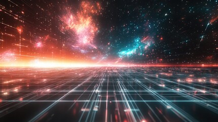 Leinwandbilder - Abstract landscape in a 3D cartoon rendering against a dark background featuring a star horizon cyberspace grid hi tech network and a starry outer space texture