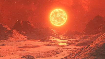 Leinwandbilder - 3D cartoon rendering depicting a desolate planet in a red nebula illuminated by a sun