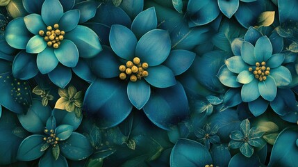 Fototapete - Floral Pattern Textured Blue and Green Fractal Artwork Designs in 3D Cartoon Rendering for Versatile Backgrounds