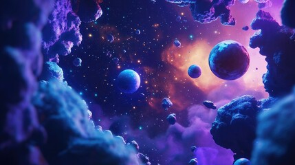 Poster - 2D illustration featuring a 3D cartoon rendering of vast deep space showcasing stars planets moons and various creative science fiction backdrops including alien solar systems with a realistic bac