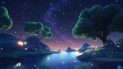 Wall Mural - night landscape featuring a milky way and stars in a 3d cartoon rendering
