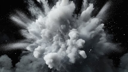 Aufkleber - White dust explosion in freeze motion on a black background featuring a 3D cartoon rendering of the explosive powder