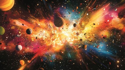 Poster - Spectacular multicolored illustration featuring particles and rays showcasing abstract forms and planets related to science captured in a 3D cartoon rendering An explosion of stars in space