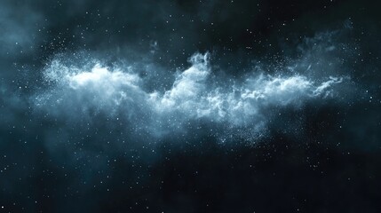 Poster - Freeze motion of blue powder exploding in a 3D cartoon rendering isolated on a dark background Abstract design featuring a white dust cloud with particles bursting ideal for a screensaver or wallp