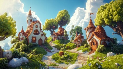 Aufkleber - 3D fantasy landscape in a cartoon rendering style