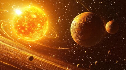 Aufkleber - Alien planetary system with satellite in a 3D cartoon rendering