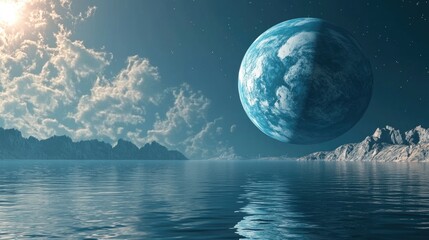 Wall Mural - exosolar planet rising over tranquil waters in 3d cartoon rendering