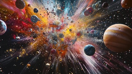 Poster - Spectacular multicolored illustration featuring particles and rays showcasing abstract forms and planets related to science captured in a 3D cartoon rendering An explosion of stars in space