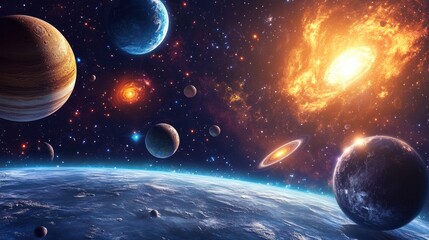 Poster - A 3D cartoon depiction of a vibrant cosmos featuring bright stars planets and moons Diverse science fiction backgrounds with illustrations of alien solar systems and distant space scenes create a