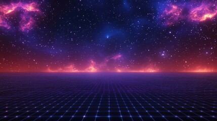 Poster - Abstract landscape in a dark background with a star horizon featuring a cyberspace grid and hi tech network in a 3D cartoon rendering Starry outer space texture 3D illustration