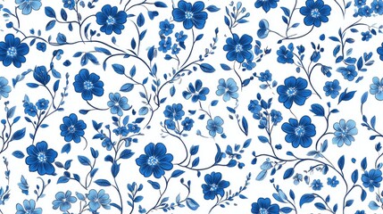 Wall Mural - Seamless vintage floral pattern featuring blue flowers on a white background