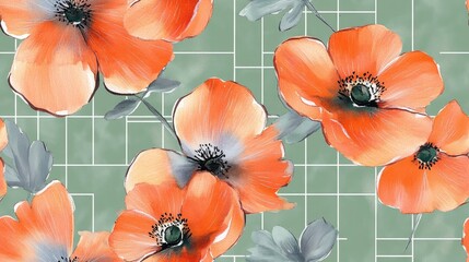 Wall Mural - Seamless pattern featuring vibrant orange and gray flowers on a green background with a white grid Watercolor technique