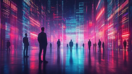 Silhouettes of businessmen standing in a futuristic neon city with digital code, representing the concept of technology and innovation.