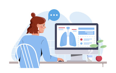 examination of lungs online. woman at computer looks at structure of bronchial system. distance educ