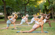 © JackF - Women and men of different nationalities practicing yoga, doing revolved side angle pose in the summer garden