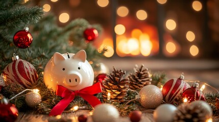 Poster - A white piggy bank with a red bow sits among Christmas decorations, including red and white ornaments, pine branches, and pinecones.