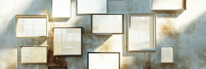 Poster - A collection of empty picture frames arranged on a textured wall, creating a minimalist display.