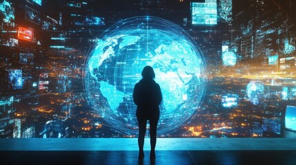 A person stands before a large digital display showing a global network of information.