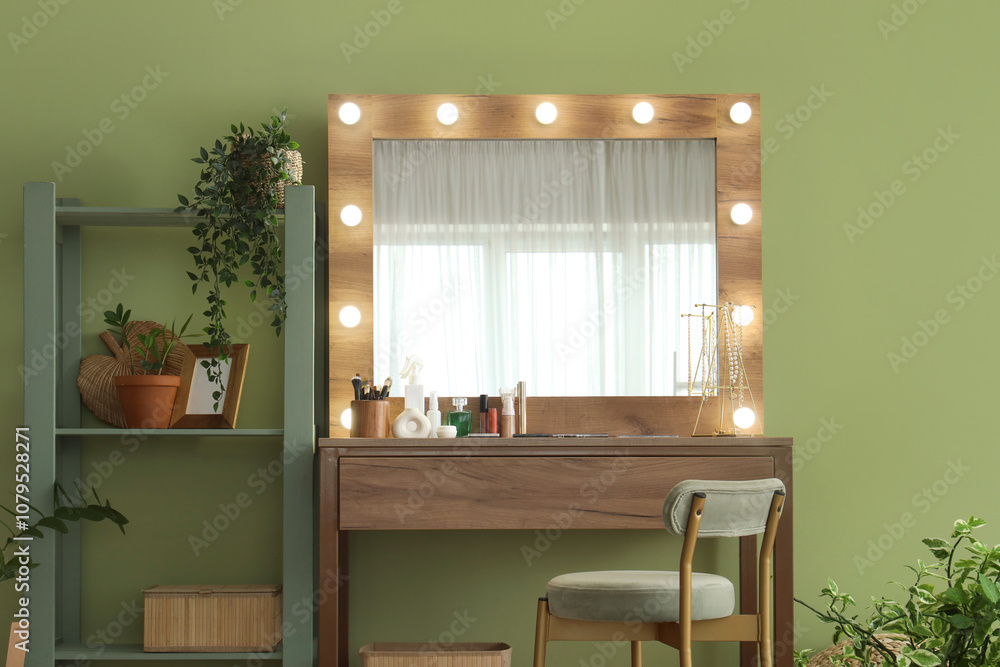 Interior of makeup room with glowing mirror, table and shelf unit