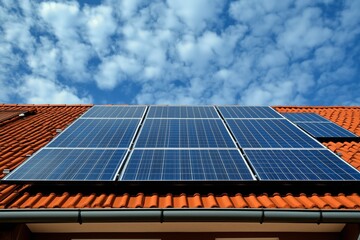 village house with a photovoltaic system on the roof. Modern eco friendly passive house with solar panels on the gable roof, with sunlight in the morning vibes