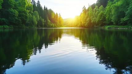 calm river with diffused sunlight, peaceful reflections, serene nature