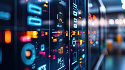 Futuristic interface with glowing buttons and screens in a tech environment.