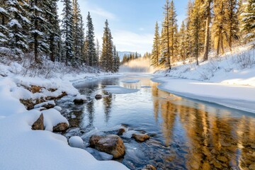 A river with a snowy bank and a reflection of the trees in the water
