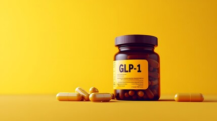 a bottle of glp-1 supplements on a yellow background. the bottle is full of capsules, and there are 