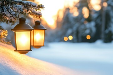 Two lanterns hanging from a tree in the snow