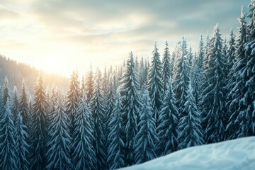 Wall Mural - A snowy forest with a bright sun shining through the trees