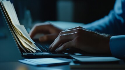 Poster - business, computer, laptop, hand, keyboard, Man typing on laptop, glowing electronic document files and digital signature