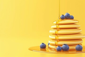 Wall Mural - Stack of pancakes with blueberries and honey drizzled on top. The pancakes are piled high and the honey is dripping down the sides. Concept of indulgence and comfort