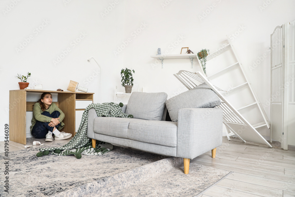 Young woman hiding under table at home during earthquake