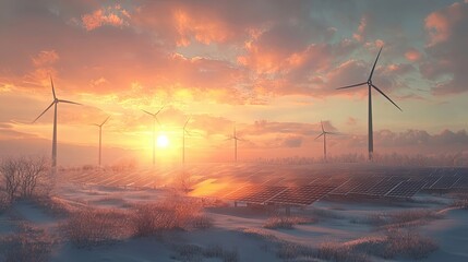 Wall Mural - Solar and Wind Farm at Sunset in a Snowy Landscape