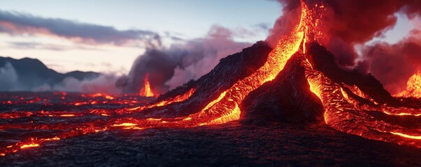 Wall Mural - Lava flow from an active volcano, dramatic landscape with glowing red molten rock.