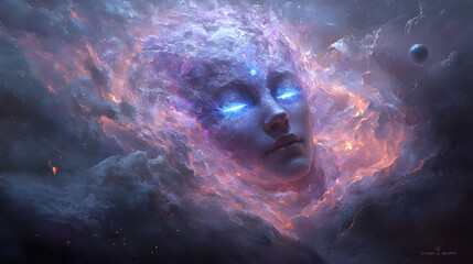 Wall Mural - a woman's face is shown in a cloud of purple and blue