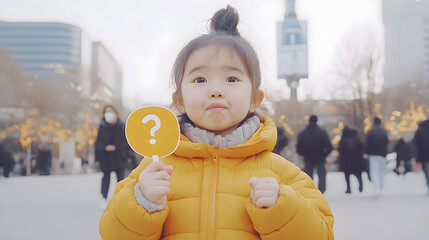 Wall Mural - A young girl is holding a yellow sign that says 