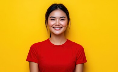 Wall Mural - Smiling brightly in a yellow attire, a young woman radiates confidence and cheerfulness, showcasing a stylish and lively spirit.