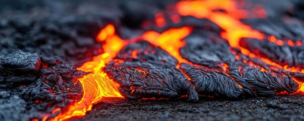 Wall Mural - Lava flow with glowing orange hues against black volcanic rock surface.