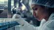 © Sophie - Side profile of a female pharmaceutical lab scientist pharmacist examining medical vials In a healthcare factory