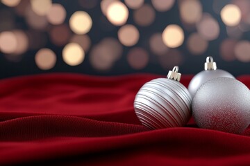 Wall Mural - Three silver and white Christmas ornaments are sitting on a red cloth