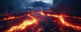 Molten lava flowing across a dark, volcanic landscape.