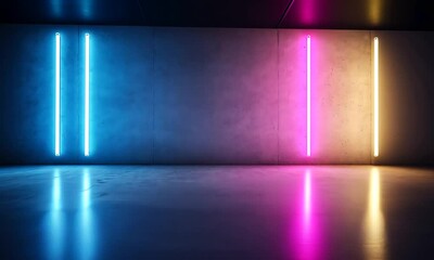 Wall Mural - Empty room with blue and pink neon lights on a concrete wall.